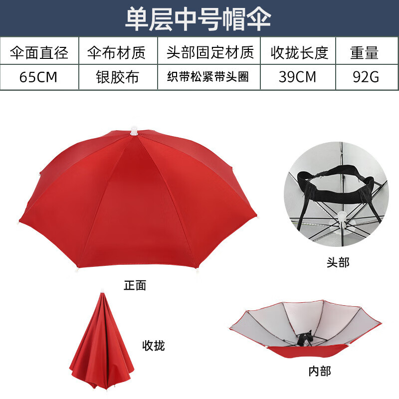 谋福(CNMF)伞帽雨伞帽 防风头戴帽伞钓鱼伞遮阳斗笠伞头戴式雨伞 (红色中号单层)