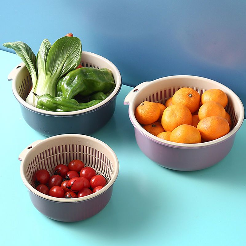 洗菜篮子塑料沥水漏菜盆家用厨房洗菜盆漏菜盆洗水果盆洗菜篮塑料 【蓝色】子母三件套【赠】钢丝球+饭勺