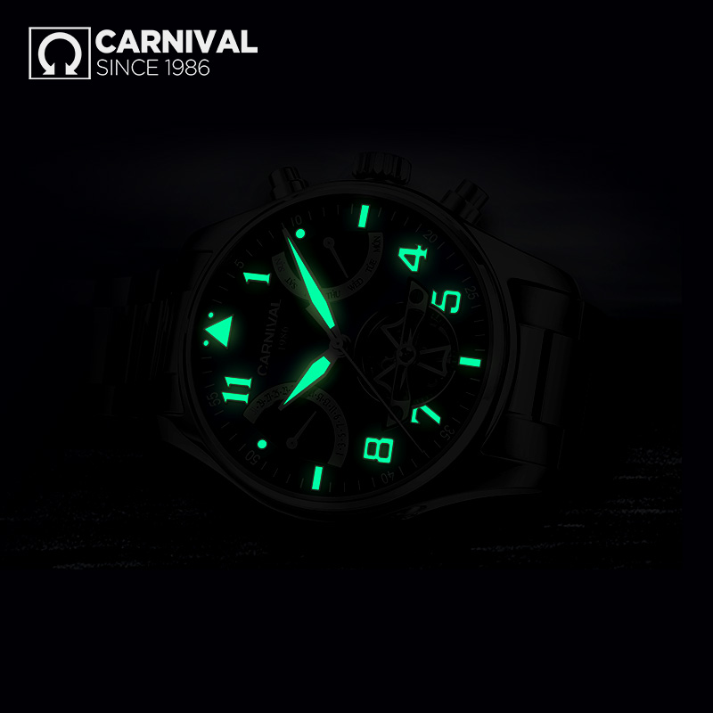 嘉年华Carnival手表大表盘男士全自动机械表 男真皮表带商务针扣腕表夜光防水休闲时尚大气魅力型男必备8783G黄皮高清大图