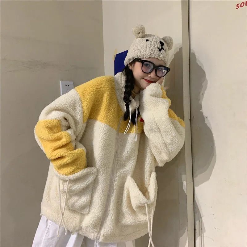 羊羔毛外套女韩版原宿bf拼色宽松学生开衫保暖大衣加绒加厚棉服冬