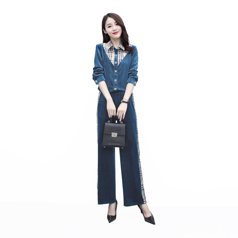 班俏BANQIAO气质女神范套装女2021新款秋季金丝绒阔腿裤时尚宽松两件套洋气套装女