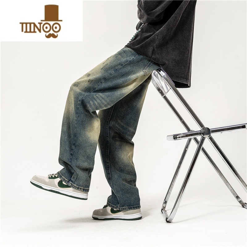 YANXU美式街头复古做旧水洗纹直筒痞帅牛仔裤男女潮牌嘻哈百搭长裤高清大图