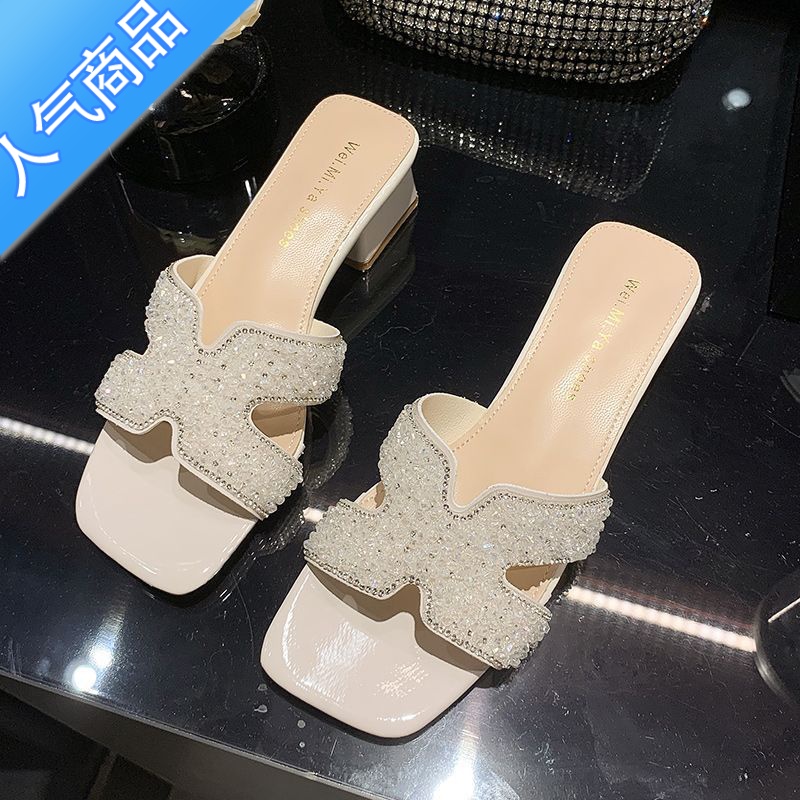 SUNTEK拖鞋女粗跟外穿2023夏季新款百搭水钻时尚小众中跟凉鞋一字凉拖潮高清大图