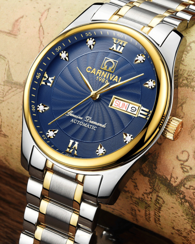 瑞士嘉年华Carnival正品新款手表全自动机械表 男表休闲时尚镶钻间金双日历手表男士防水金属腕表男士表8671高清大图