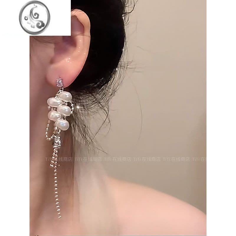 JiMi好货~手作花瓣高亮珍珠水滴锆石长款流苏耳饰高级感耳钉耳环耳夹图片