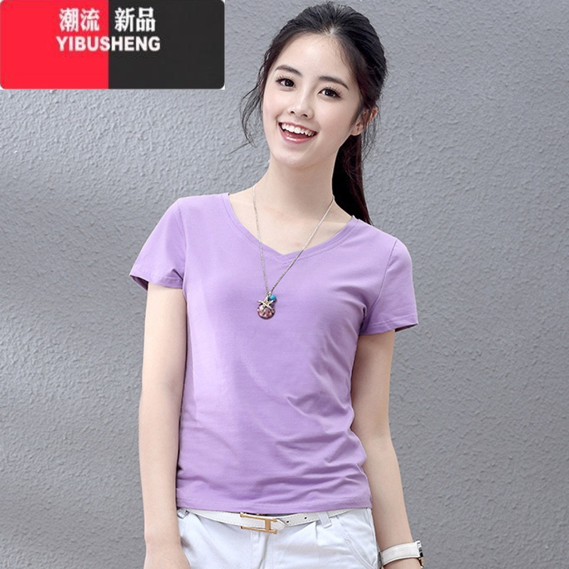 YIBUSHENG2024装薄款短袖t恤女修身显瘦V领上衣鸡心领体恤衫高清大图