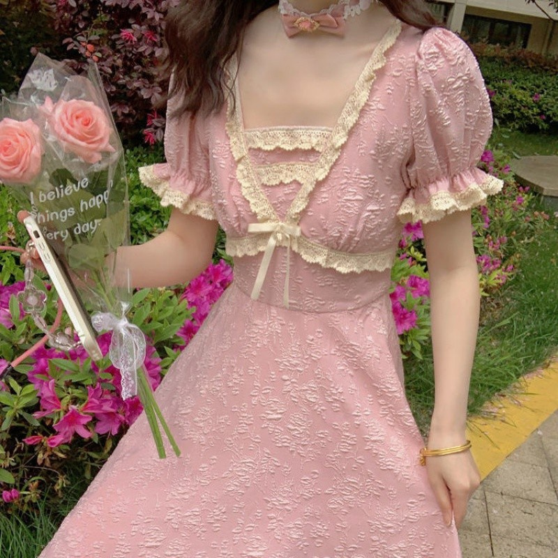 人间 温柔风泡泡袖蕾丝边高腰显瘦连衣裙2021新款提花仙女裙 少女粉 S