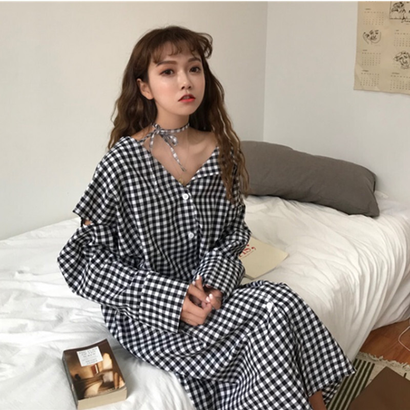小心机衬衫裙子2018新款女装春中长款宽松显瘦格子不对称袖连衣裙黑白色