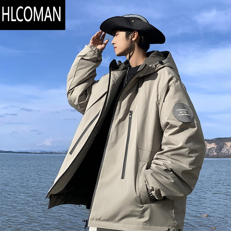 hlcoman美式高街机能连帽冲锋棉衣男冬季外套加肥大码潮胖人宽松工装