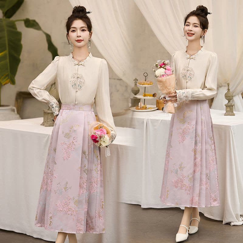 免费试穿 2024新款国风新中式流行马面裙半裙套装新中式国风马面裙套装女春秋2024新款日常通勤改良明制汉服两件套图片