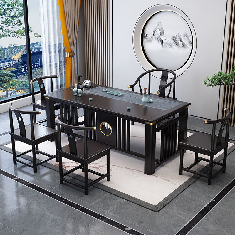 绵冠新中式实木茶桌椅组合现代原木功夫茶几家用办公泡茶老榆木茶艺桌高清大图