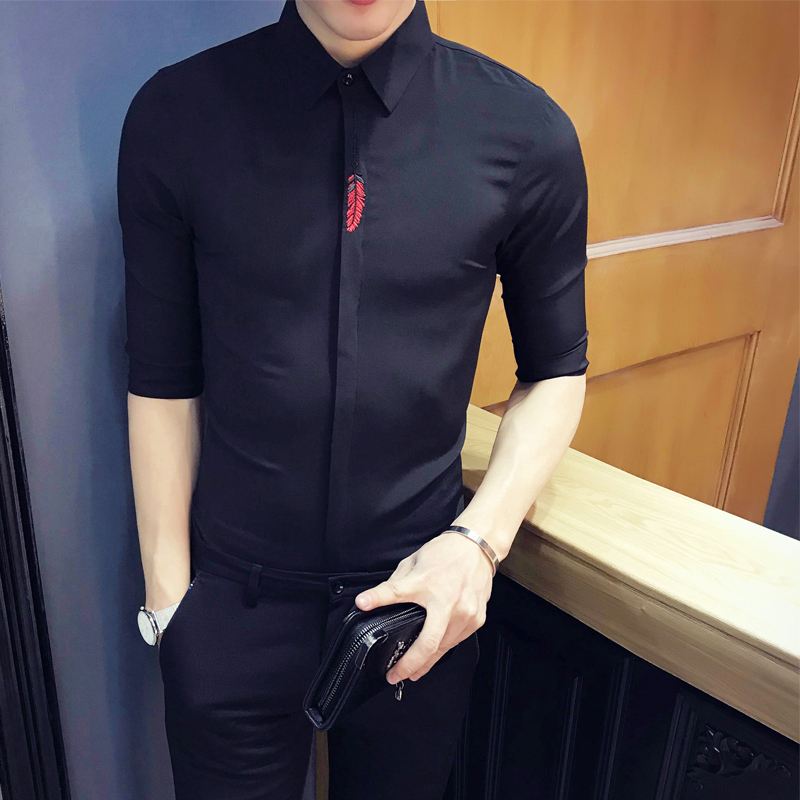 2018新款男士休闲百搭七分袖衬衫修身个性刺绣型师时尚中袖衬衣