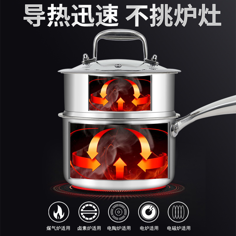 赫巴兹316不锈钢小奶锅蒸锅一体加厚宝宝辅食锅泡面锅不粘锅汤锅高清大图