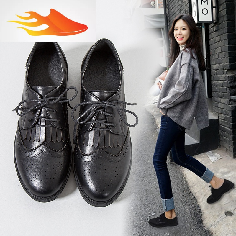 fishbasket小皮鞋女平底秋季学院风复古布洛克ins英伦学生黑色百搭单