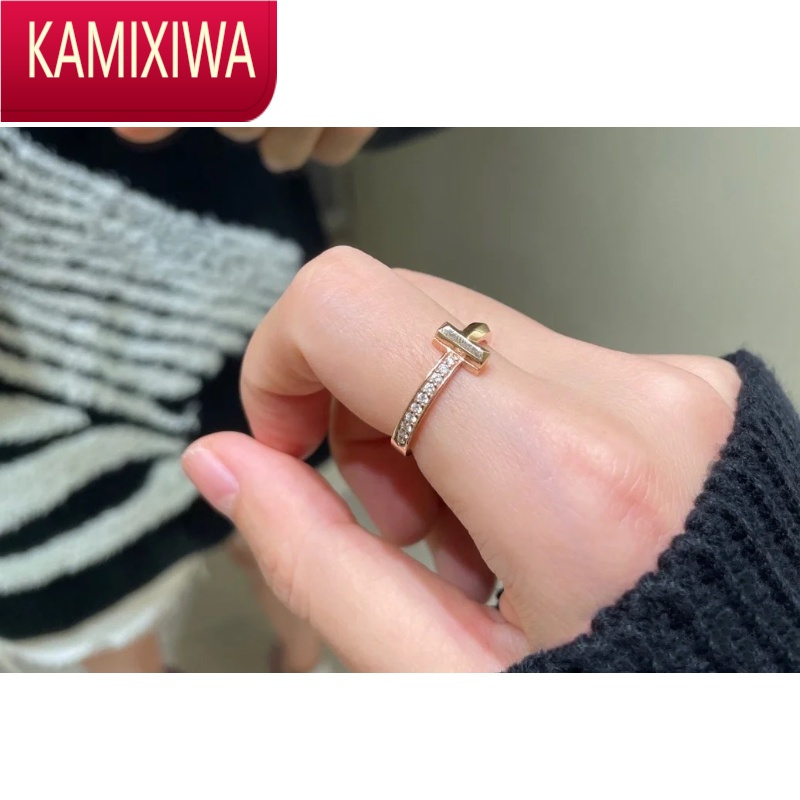 KAMIXIWAT1戒指女银镀玫瑰金白金镶钻情侣对戒高版本小众设计感指环