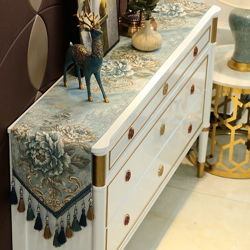 家柏饰(CORATED)欧式五斗柜桌旗餐边柜鞋柜电视柜装饰条桌巾餐桌巾桌布床轻奢 巧颜-蓝色蓝花纹 32*160cm