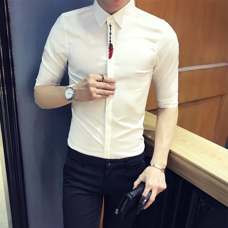 2018新款男士休闲百搭七分袖衬衫修身个性刺绣型师时尚中袖衬衣