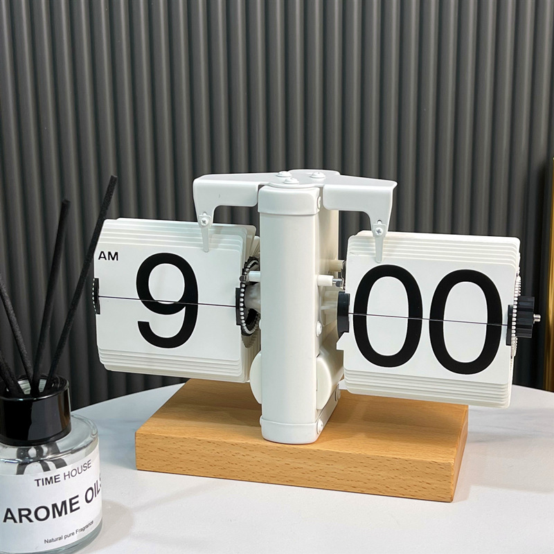 欧式自动翻页钟复古简约家居客厅座钟小天平机械自动翻页时钟【3】 方形平底全白款