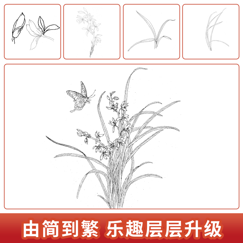 中国画白描山水+花卉+画具三件套 [正版]中国画白描描摹本五册 工笔画白描底稿临摹画册 动物人物花卉山水书法控笔国画入门高清大图