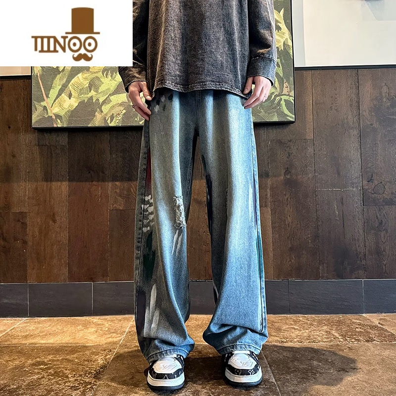 YANXU牛仔裤男秋季美式高街痞帅水洗做旧阔腿裤子潮牌宽松直筒休闲长高高清大图