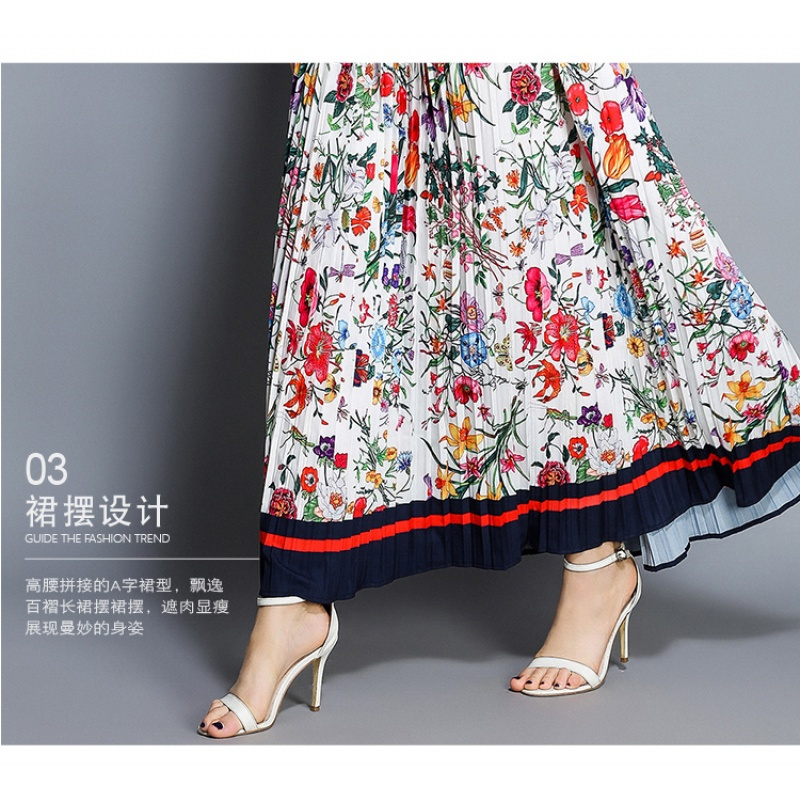 春夏新款女欧美明星款蝴蝶结长袖百褶复古碎花中长款连衣裙Y