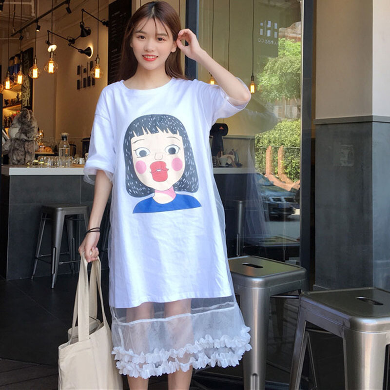 春夏女装韩版中长款假两件网纱拼接卡通短袖T恤连衣裙显瘦长裙白色均码