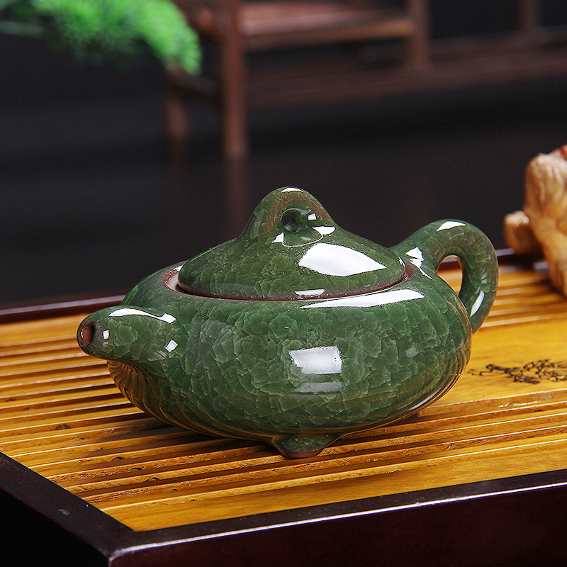 百鸿 整套功夫茶具陶瓷茶壶冰裂釉茶具套装实木茶盘茶海托盘 花开富贵7头绿冰裂套装