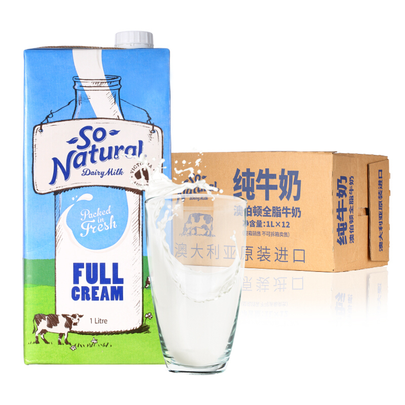 澳大利亚 原装进口牛奶 澳伯顿 So Natural 全脂纯牛奶 1L*12/箱装