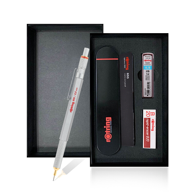 红环(rOtring)自动铅笔 专业绘图工具 金属笔身伸缩笔头800系列 银色0.5mm礼盒装