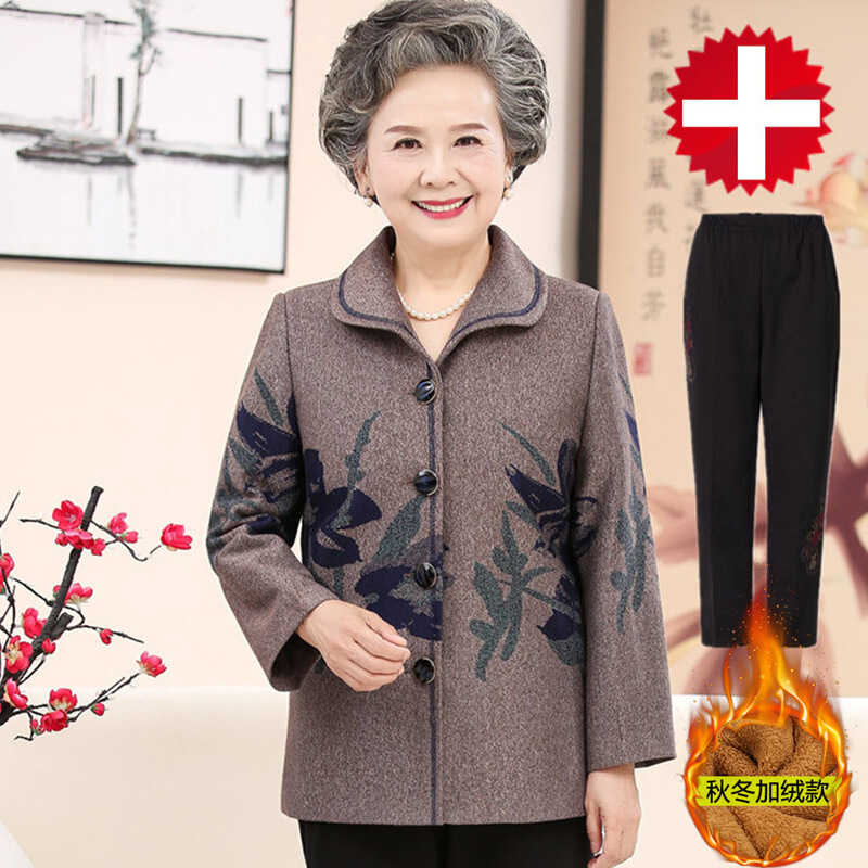 迪鲁奥（DILUAO)轻奢品质奶奶秋装老人秋天衣服外套薄中老年冬装女妈妈套太太上衣_156 XXL(建议120-135斤左右) 蓝色(加绒款上衣+加绒裤子)