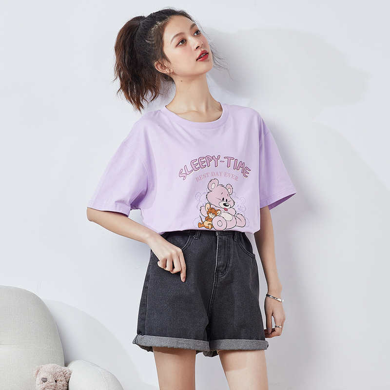 猫和老鼠联名唐狮黑色短袖t恤女纯棉夏新款ins潮宽松上衣