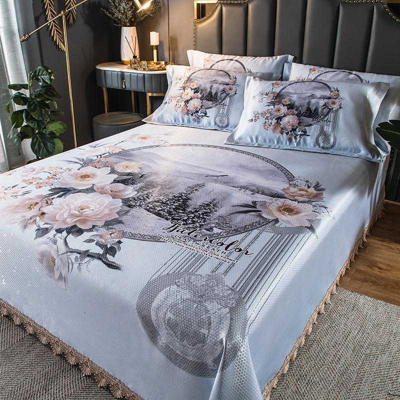 家柏饰(CORATED)冰丝凉席1.8m床三件套可折叠可水洗夏季1.5米机洗床单空调软席子 加厚600D冰丝席床单款-花开富贵【可机洗赠送防滑垫】 1.5m（5英尺）床