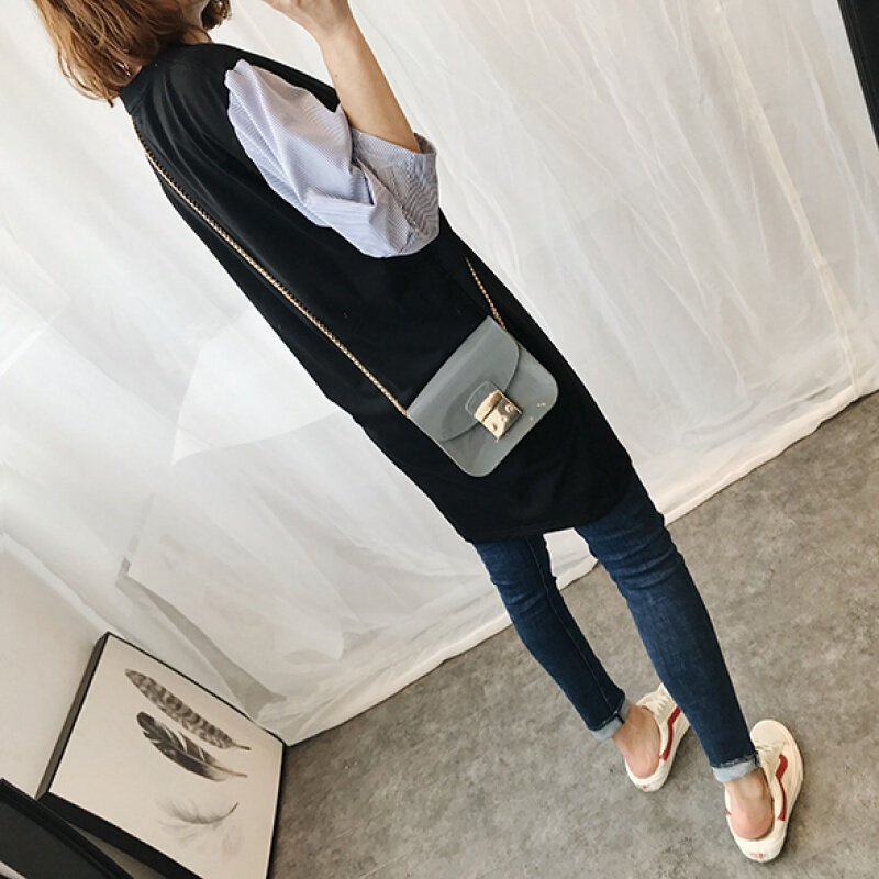 2018春夏洋气潮衬衫袖拼接卡通图案宽松圆领套头中长款T恤裙女黑色均码