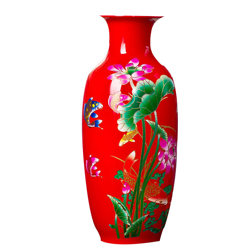 瓷物语cwy陶瓷花瓶鲜花干花摆件插花花瓶现代时尚家居装饰品餐桌摆设(红色年年有余冬瓜+送底座)