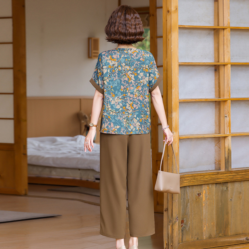 纤孜雅 中老年女装洋气妈妈夏装套装短袖2025新款夏季宽松大码上衣两件套高清大图