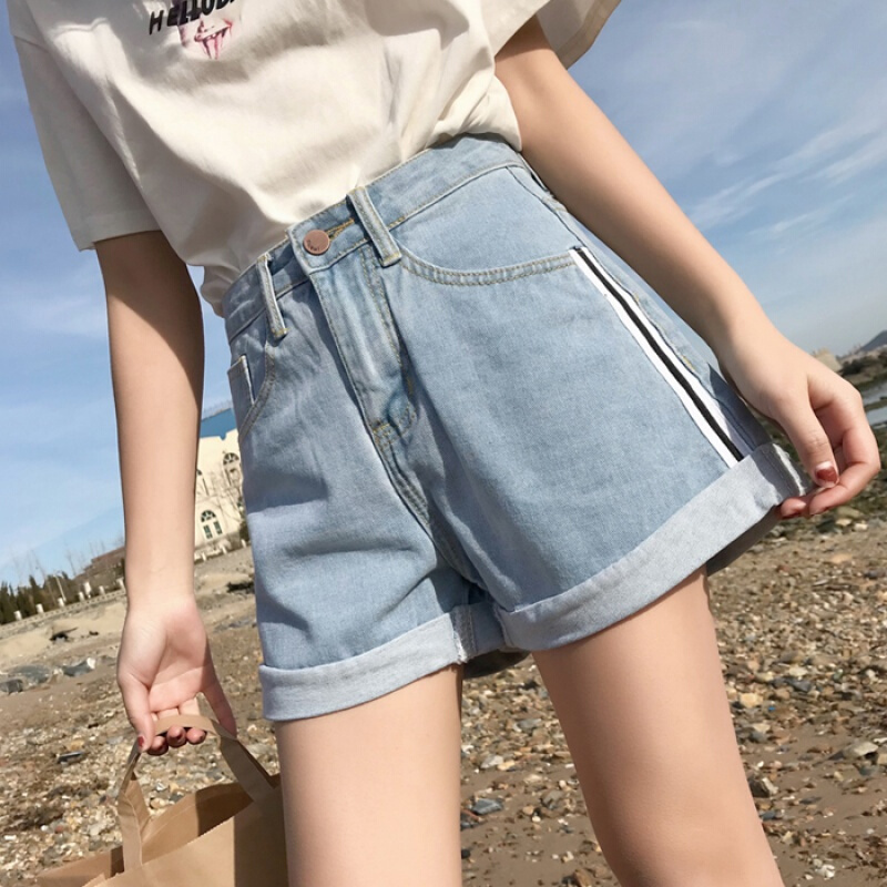 夏装女装新款韩版百搭撞色条纹阔腿裤短裤高腰卷边牛仔裤学生浅蓝色