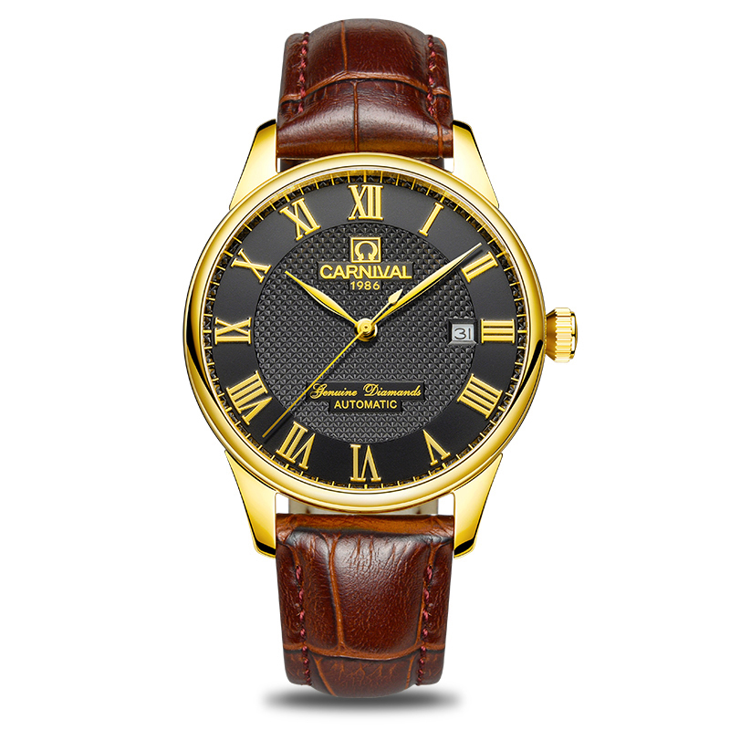 新款正品嘉年华Carnival手表男士全自动机械表 男表时尚防水真皮带休闲男表单日历力洛克表盘罗马刻度8605高清大图