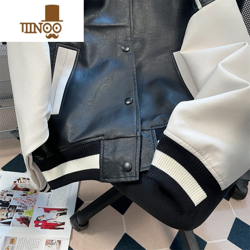 YANXU欧美高街潮牌痞帅pu皮衣撞色外套男女港风美式短款工装棒球服夹克高清大图
