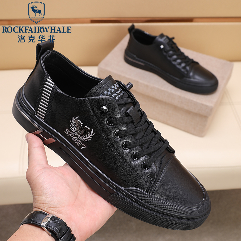 洛克华菲男鞋冬季新款潮真皮黑色软底系带休闲板鞋男软皮小黑鞋男