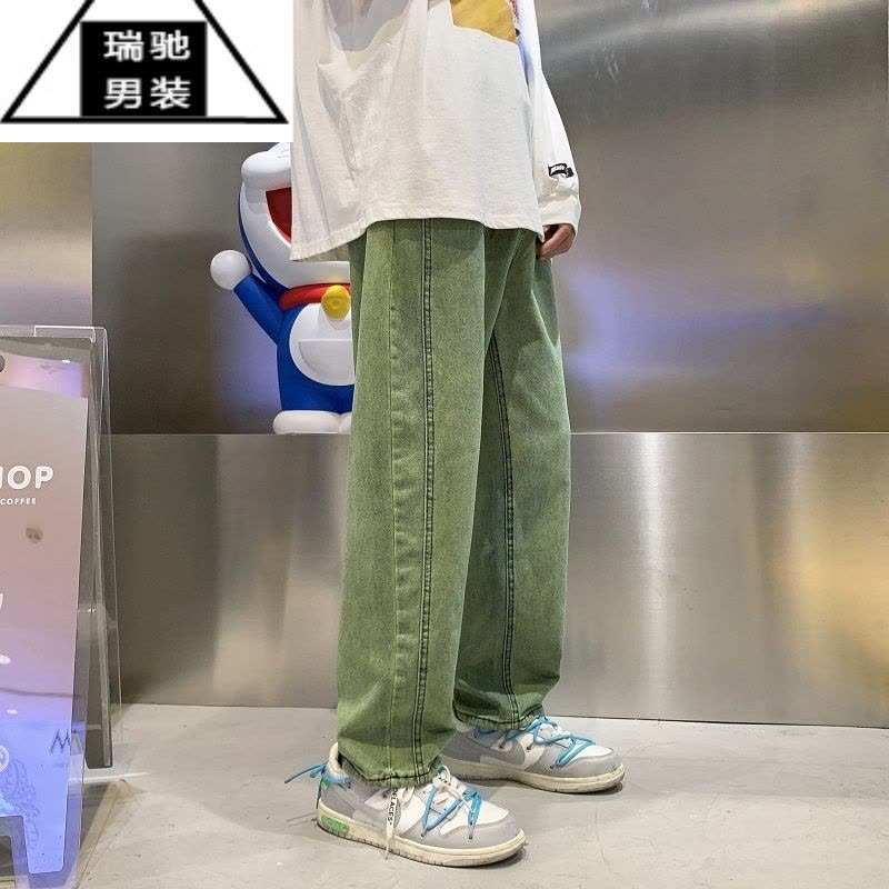 希杰狮王复古做旧牛仔裤男春秋季宽松坠感直筒裤潮流新款痞帅百搭拖地长裤图片