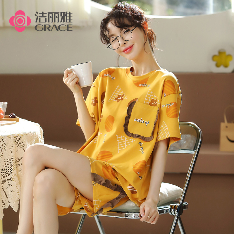 洁丽雅睡衣夏女短袖短裤纯棉2022新款凉感可外穿家居服套装女