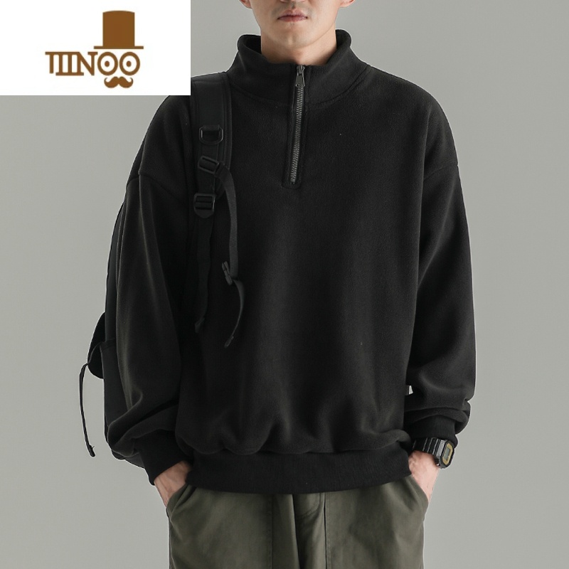 YANXU半拉链高领奥粒绒卫衣男日系复古纯色加绒厚外套双面绒上衣高清大图