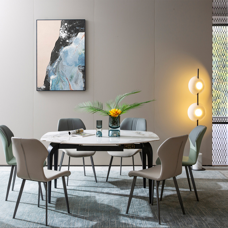 现代风格餐桌,香奈儿亮光岩板台面,耐高温,耐冲击,耐腐蚀,不留划痕,极