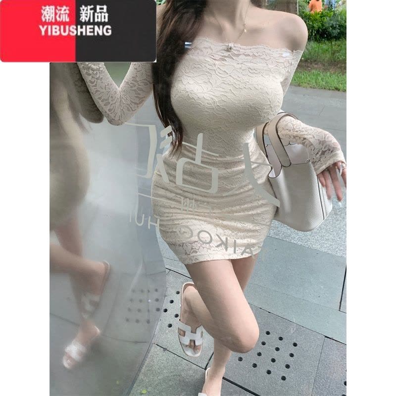 YIBUSHENG一字肩长袖连衣裙女早秋纯欲风蕾丝气质裙子性感收腰紧身包臀短裙图片