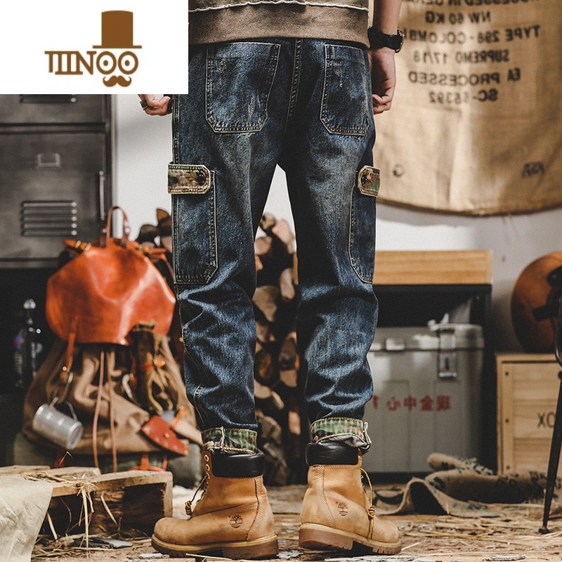 YANXU春季牛仔裤男款潮牌宽松直筒哈伦裤工装休闲水洗百搭男士大码长码高清大图
