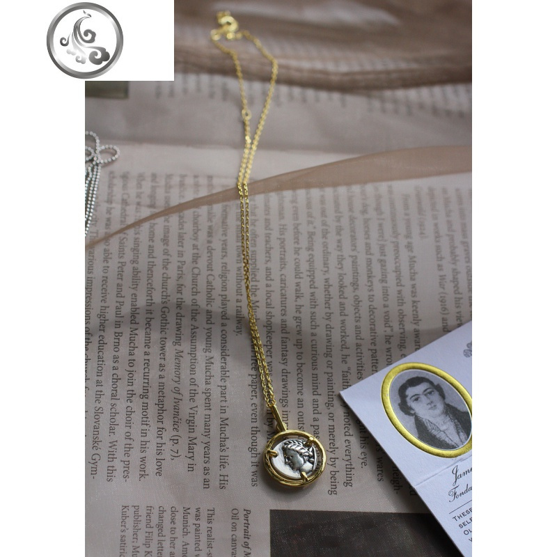 【925纯银】限定纯真~复古守护天使椭圆浮硬币长款项链毛衣链女 拼色硬币