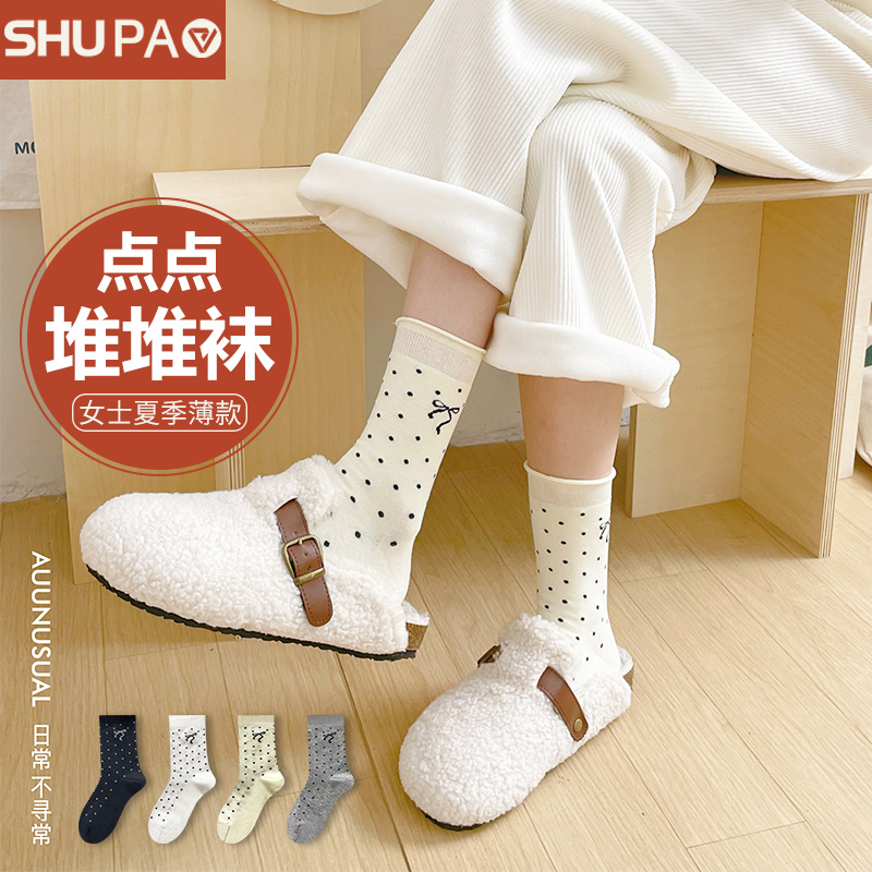 舒跑袜子女款春夏季堆堆袜点点袜中筒蝴蝶结可爱女袜堆堆袜ins高清大图