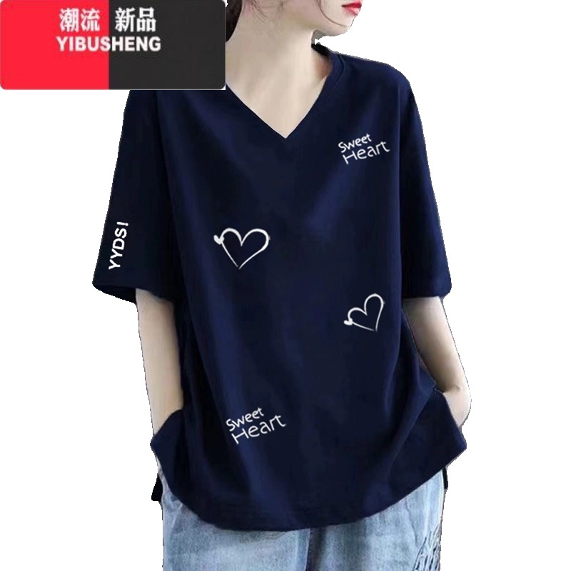 YIBUSHENG2024新款短袖V领t恤女季大码宽松胖mm显瘦外穿遮肉时尚上衣高清大图