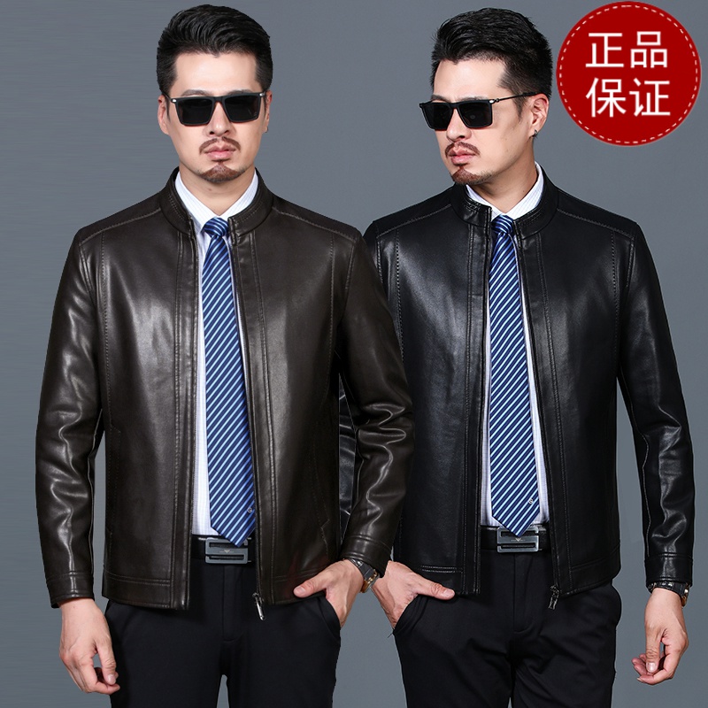 免费试穿 立领男装皮衣春秋装加厚皮夹克加绒爸爸衣服40-50岁中年男人休闲衣新款冬装新款外套潮海宁软皮夹克大码男装高清大图