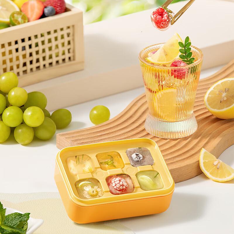 小熊冰块模具食品级按压式冰格家用硅胶带盖自制冻冰块神器储存盒 橙色-6格硅胶冰格+储冰盒+盖高清大图